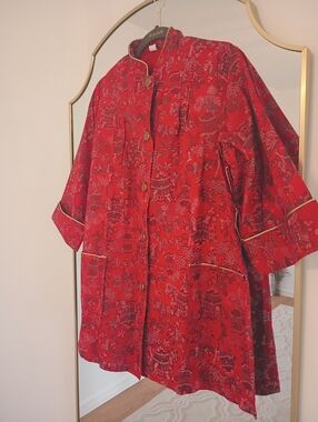 Vintage Red Printed Women's Button-Front Top with Mandarin Collar